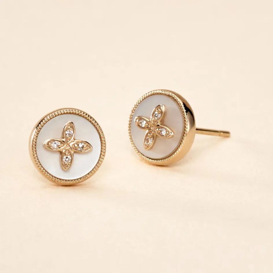 Discount Histoire d'Or Boucles D'oreilles Puces Talisman Or Jaune Nacre Diamant or jaune nacre blanche