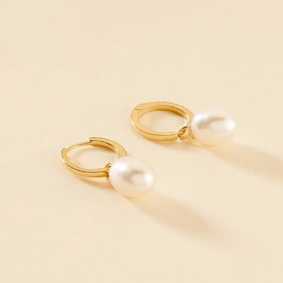 Hot Histoire d'Or Créoles Anes Poire Or Jaune Perle De Culture Et Oxyde De Zirconium