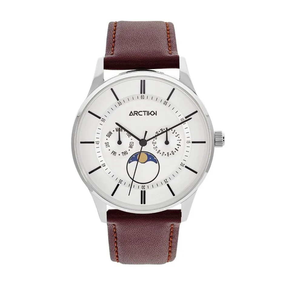 Clearance ARCTIK Montre Horizon Argenté cadran argenté fond argenté bracelet cuir marron