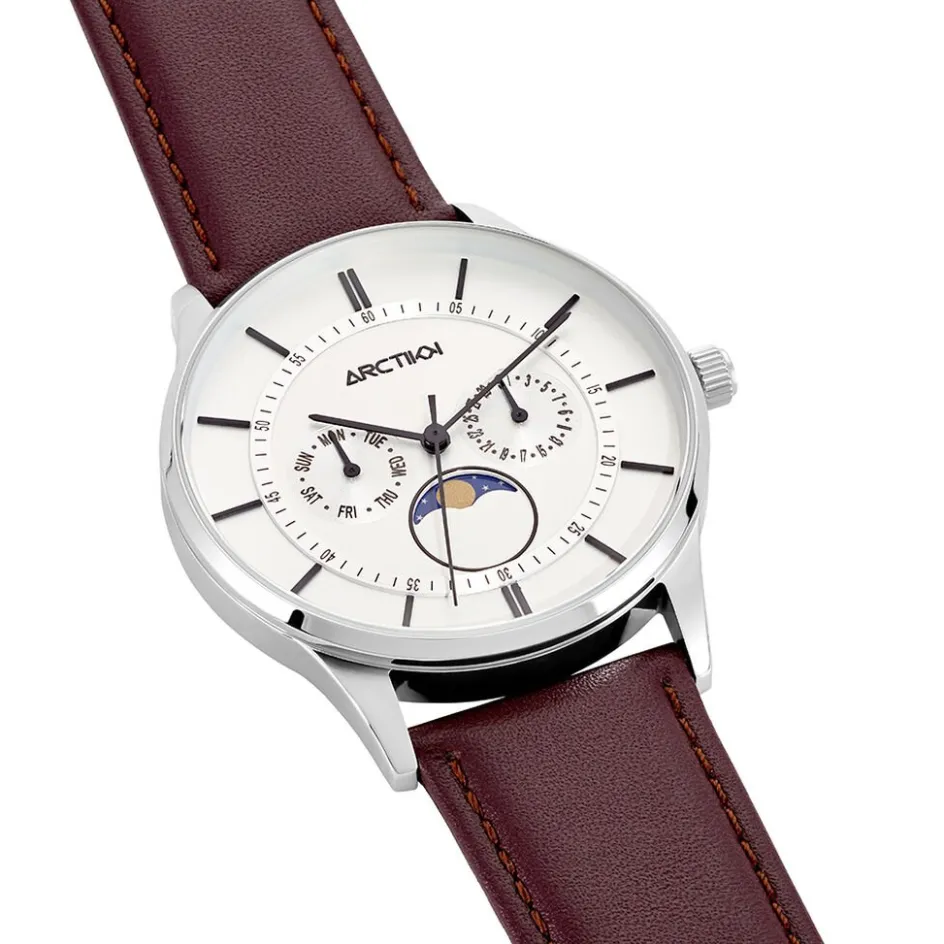 Clearance ARCTIK Montre Horizon Argenté cadran argenté fond argenté bracelet cuir marron