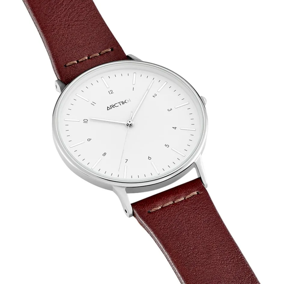 New ARCTIK Montre Nomade Blanc cadran argenté fond blanc bracelet cuir marron