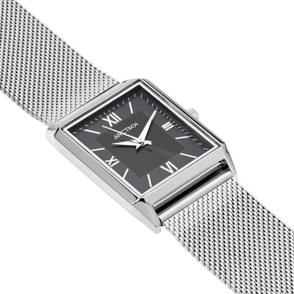 Hot ARCTIK Montre Quark Noir cadran argenté fond noir bracelet acier argenté