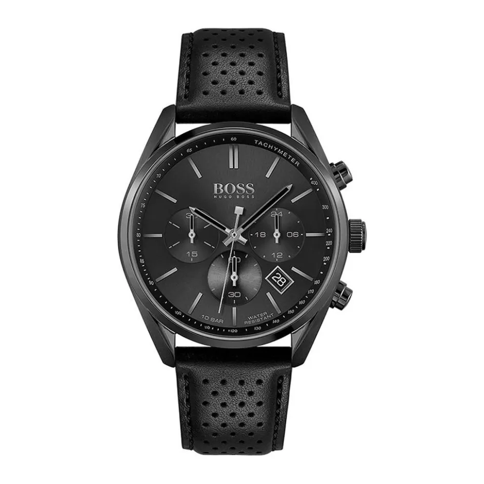 New HUGO BOSS Montre Boss Champion Noir cadran noir fond noir bracelet cuir noir