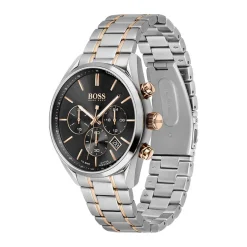 Best HUGO BOSS Montre Boss Champion Noir cadran argenté fond noir bracelet acier bicolore