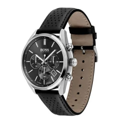 Best HUGO BOSS Montre Boss Champion Noir cadran argenté fond noir bracelet cuir noir