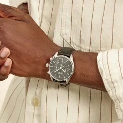 Best HUGO BOSS Montre Boss Champion Noir cadran argenté fond noir bracelet cuir noir