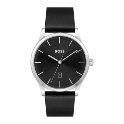 Discount HUGO BOSS Montre Boss Reason Noir cadran argenté fond noir bracelet cuir noir