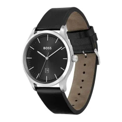 Discount HUGO BOSS Montre Boss Reason Noir cadran argenté fond noir bracelet cuir noir