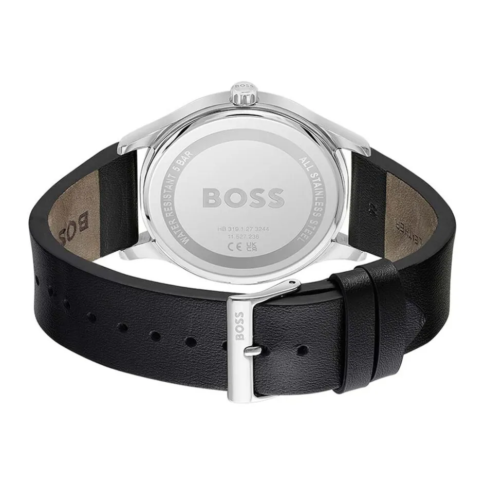 Discount HUGO BOSS Montre Boss Reason Noir cadran argenté fond noir bracelet cuir noir