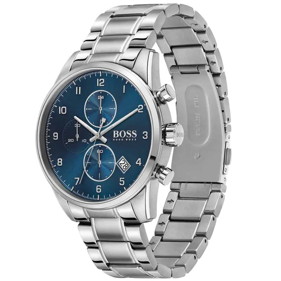 Best HUGO BOSS Montre Boss Skymaster Bleu cadran argenté fond bleu bracelet acier argenté