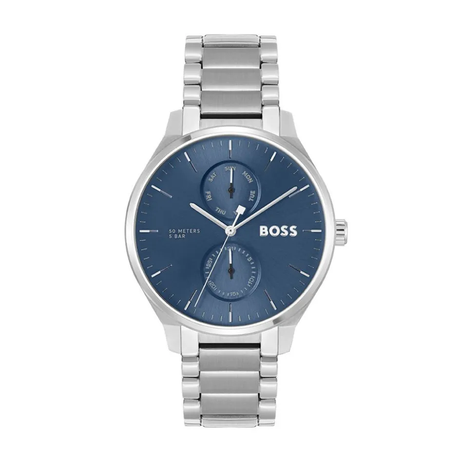 HUGO BOSS Montre Boss Tyler Bleu cadran argenté fond bleu bracelet acier argenté