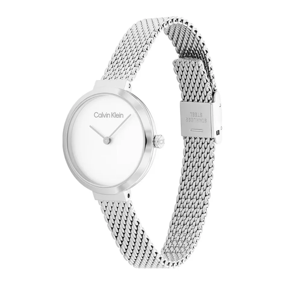 New CALVIN KLEIN Montre Minimalistic T Bar Blanc cadran argenté fond blanc bracelet acier argenté