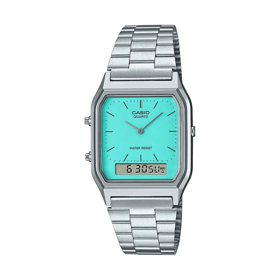 Online CASIO COLLECTION Montre Vintage Turquoise cadran argenté fond turquoise bracelet acier argenté