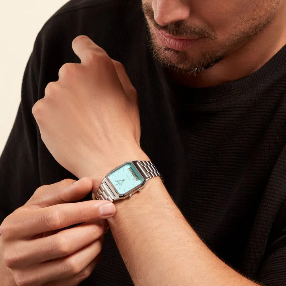 Online CASIO COLLECTION Montre Vintage Turquoise cadran argenté fond turquoise bracelet acier argenté