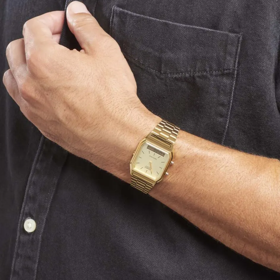 Best CASIO COLLECTION Montre Vintage Champagne cadran doré fond champagne bracelet acier doré