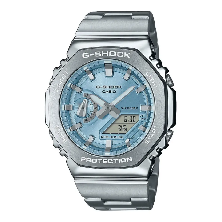 Discount CASIO G-SHOCK Montre Bleu Sky cadran argenté fond bleu sky bracelet acier argenté