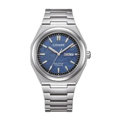 New CITIZEN Montre Super Titanium 39.5 Bleu cadran argenté fond bleu bracelet titane argenté