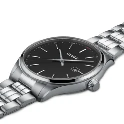 CLUSE Montre Anthéor Noir cadran argenté fond noir bracelet acier argenté