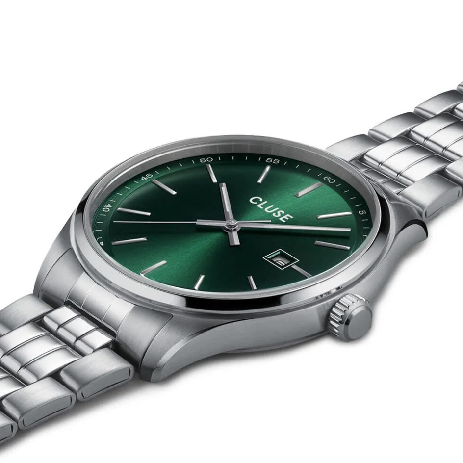 CLUSE Montre Anthéor Vert cadran argenté fond vert bracelet acier argenté