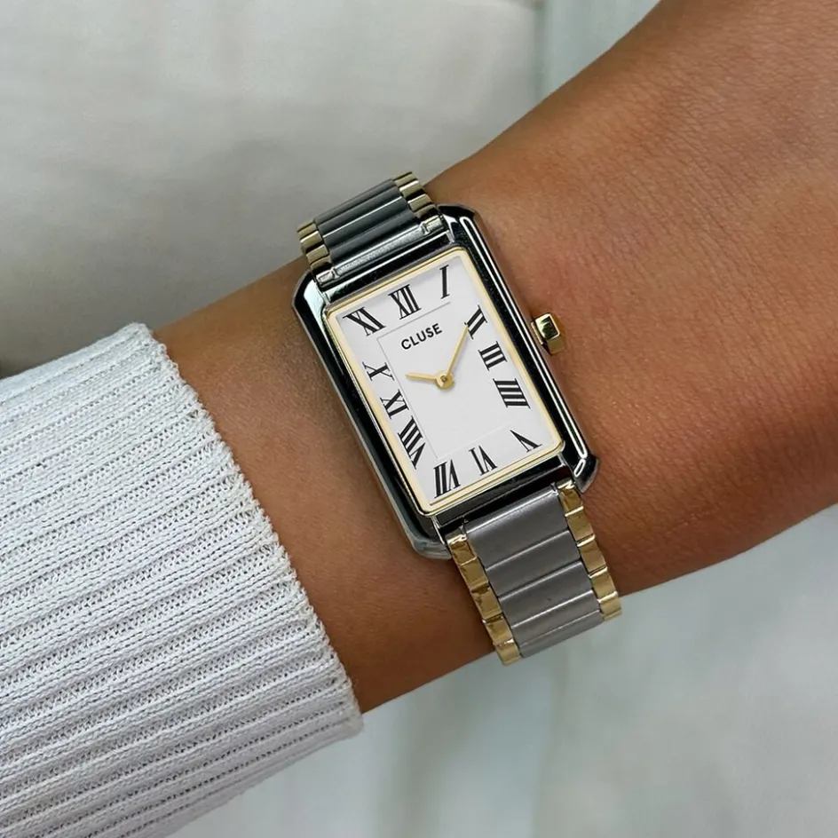 Outlet CLUSE Montre Belissena Blanc cadran bicolore doré / blanc fond blanc bracelet acier bicolore