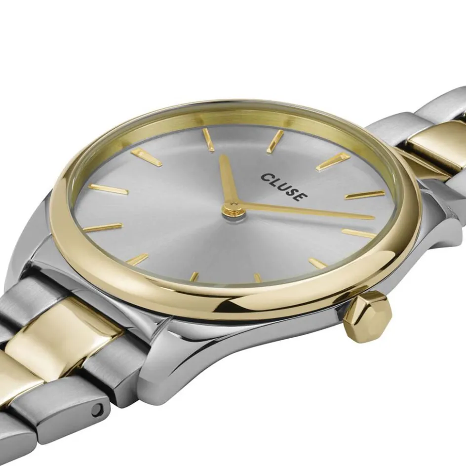 Hot CLUSE Montre Feroce Petite Argenté cadran argenté fond argenté bracelet acier bicolore