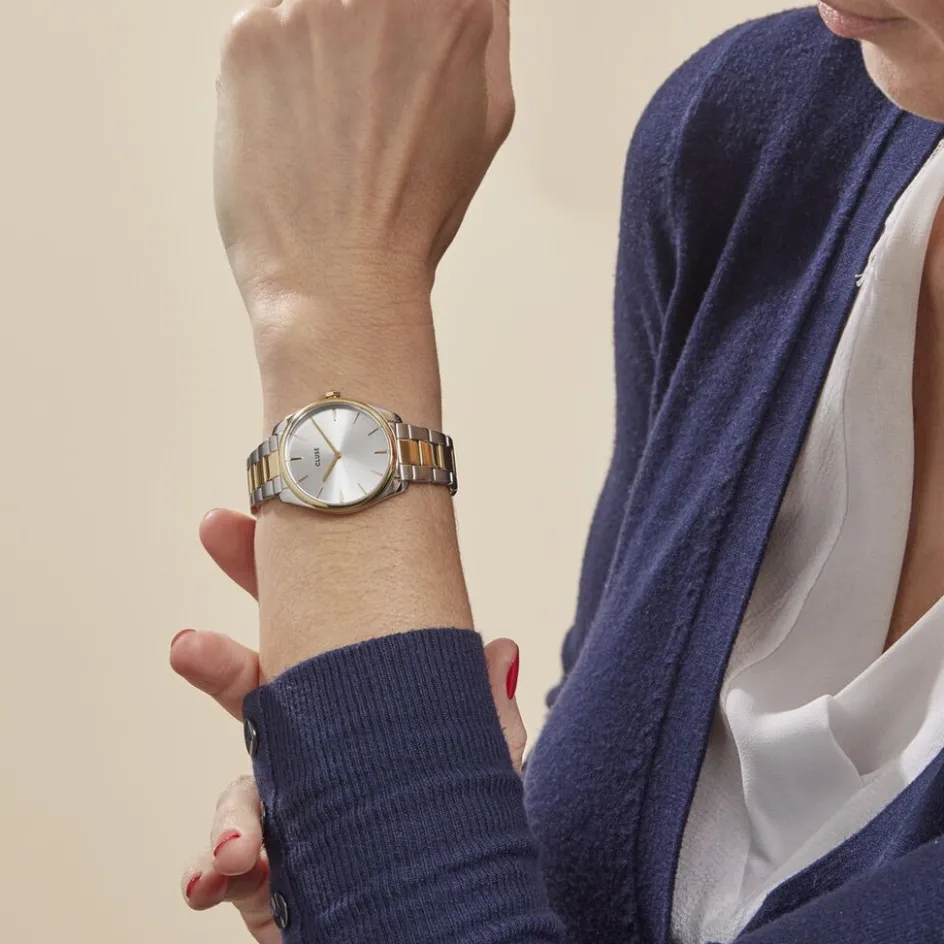 Hot CLUSE Montre Feroce Petite Argenté cadran argenté fond argenté bracelet acier bicolore