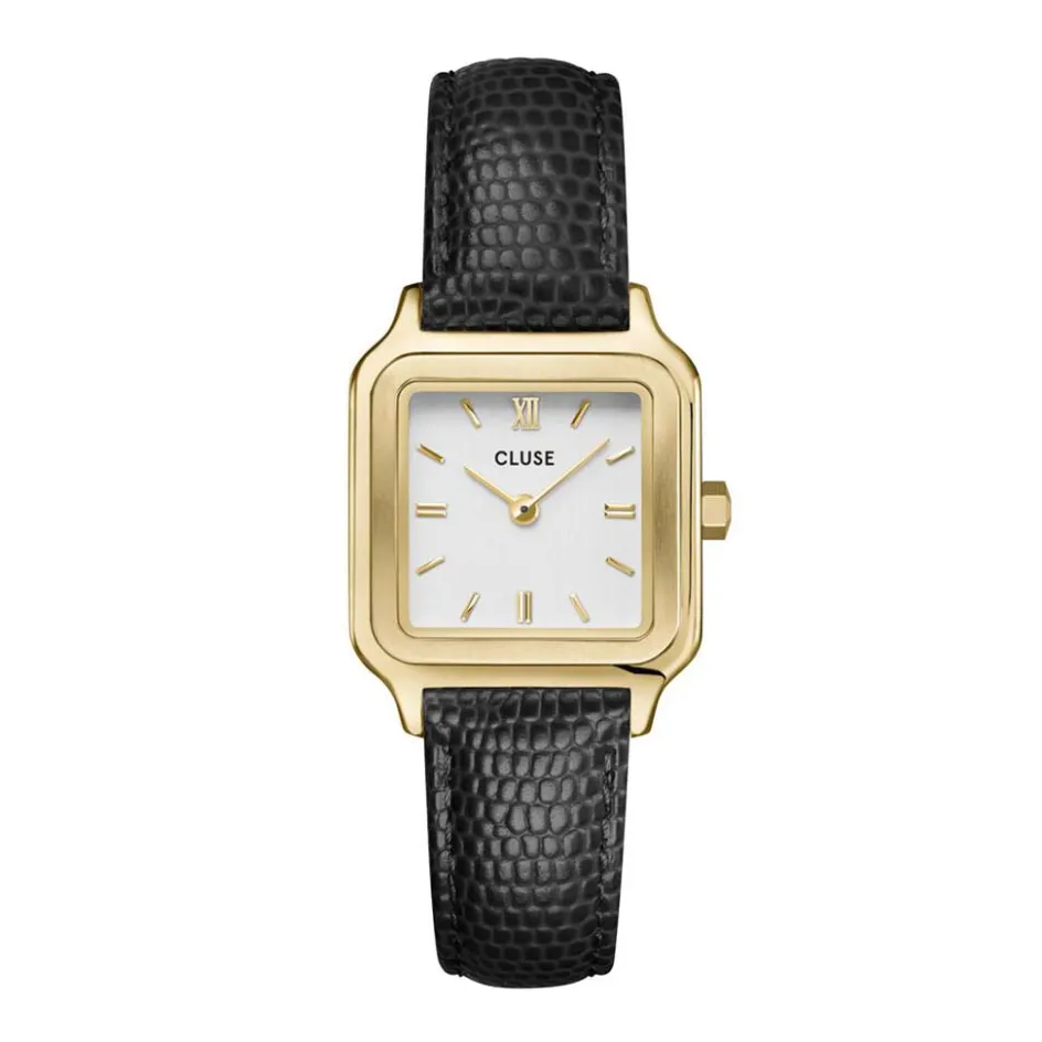 Best CLUSE Montre Gracieuse Petite Blanc cadran doré fond blanc bracelet cuir noir