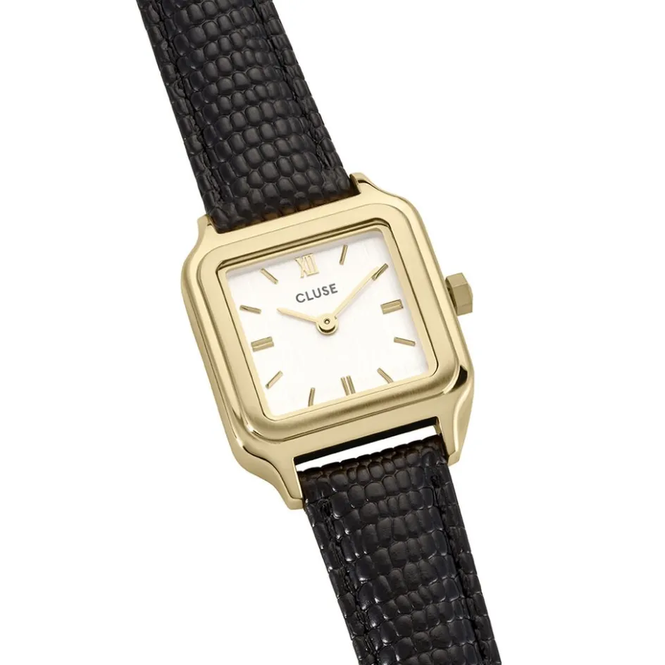 Best CLUSE Montre Gracieuse Petite Blanc cadran doré fond blanc bracelet cuir noir