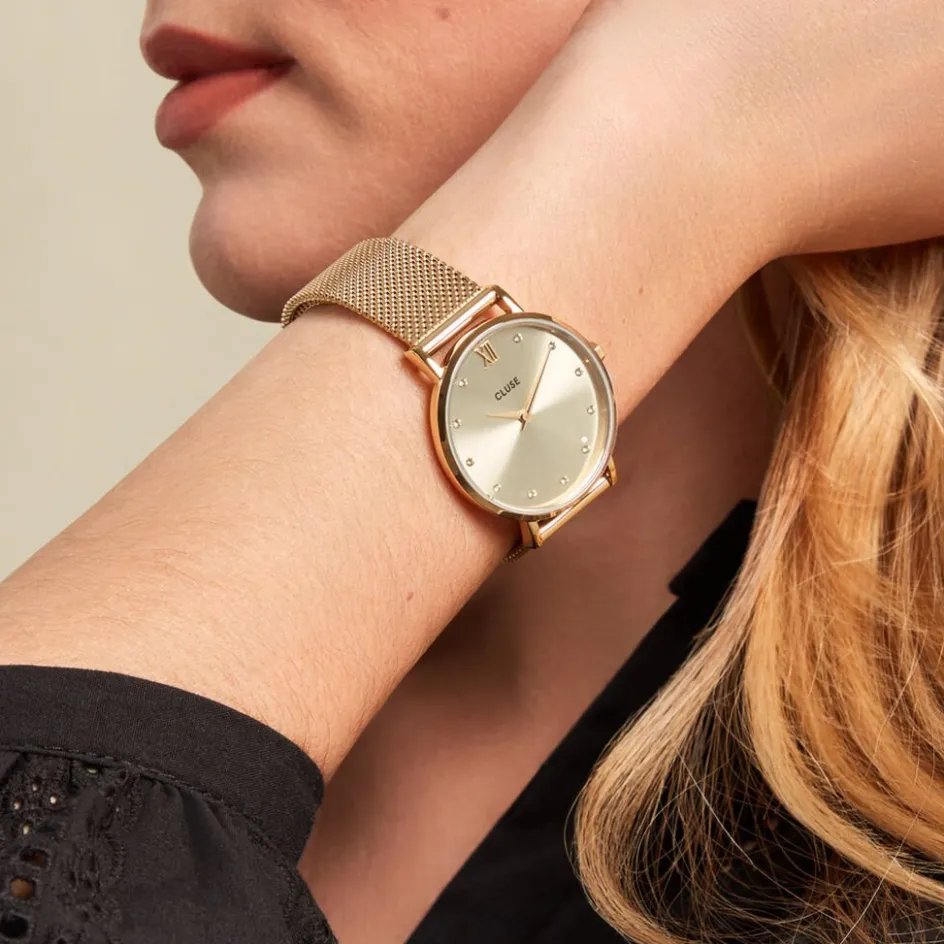 Clearance CLUSE Montre Minuit Champagne cadran doré fond champagne bracelet acier doré