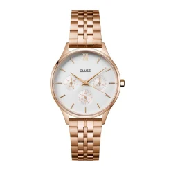 New CLUSE Montre Minuit Multifonction Blanc cadran rose fond blanc bracelet acier rose