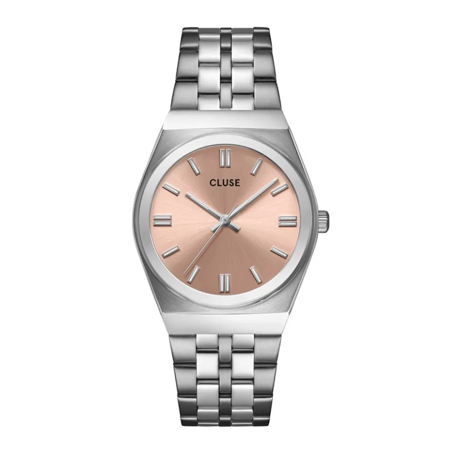 Outlet CLUSE Montre Retro 70's Rose cadran argenté fond rose bracelet acier argenté