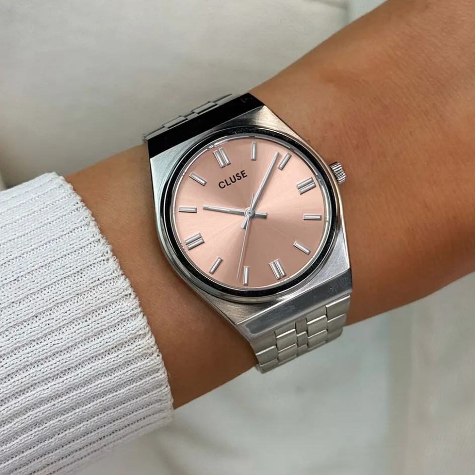 Outlet CLUSE Montre Retro 70's Rose cadran argenté fond rose bracelet acier argenté