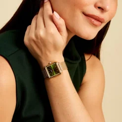Sale CLUSE Montre Tetragone Vert cadran doré fond vert bracelet acier doré