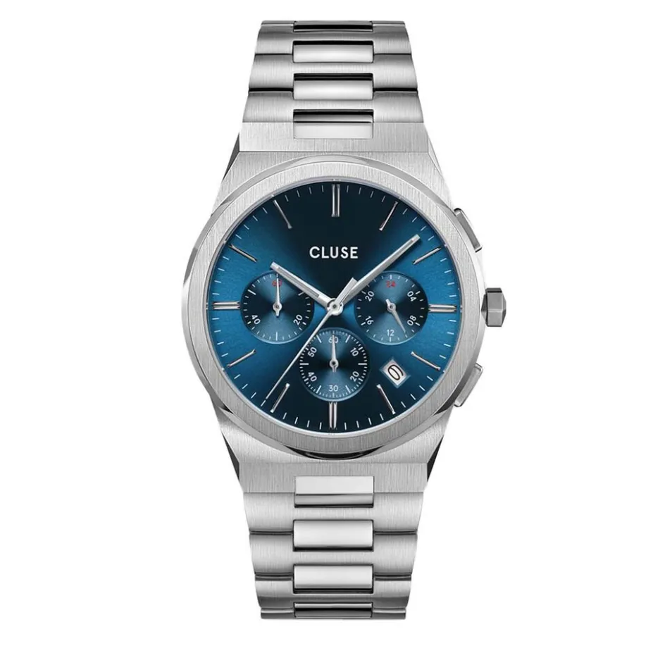 CLUSE Montre Vigoureux Chrono Bleu cadran argenté fond bleu bracelet acier argenté