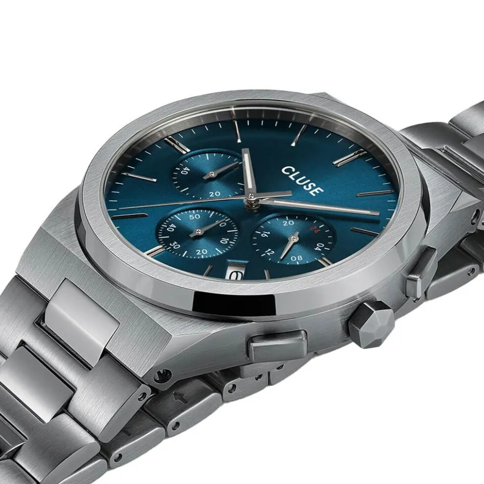 CLUSE Montre Vigoureux Chrono Bleu cadran argenté fond bleu bracelet acier argenté