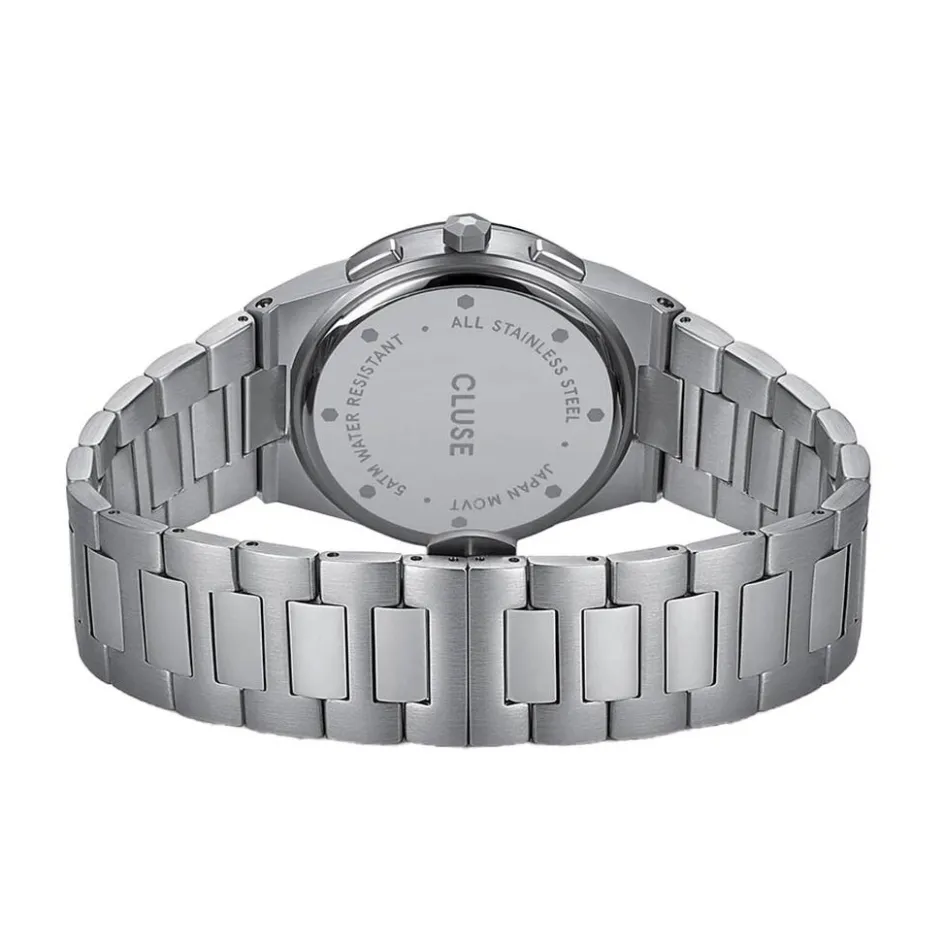 CLUSE Montre Vigoureux Chrono Bleu cadran argenté fond bleu bracelet acier argenté
