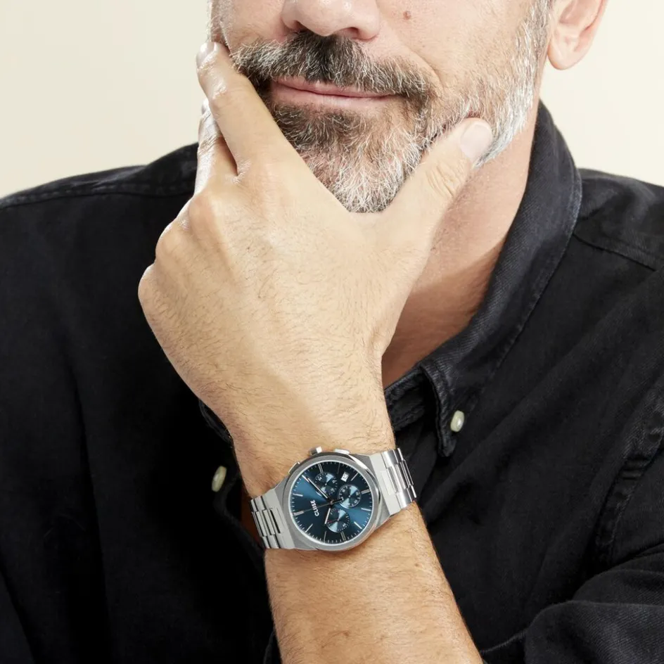 CLUSE Montre Vigoureux Chrono Bleu cadran argenté fond bleu bracelet acier argenté