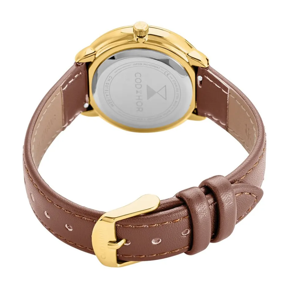 Best CODHOR Montre Louna Argenté cadran doré fond argenté bracelet synthétique marron