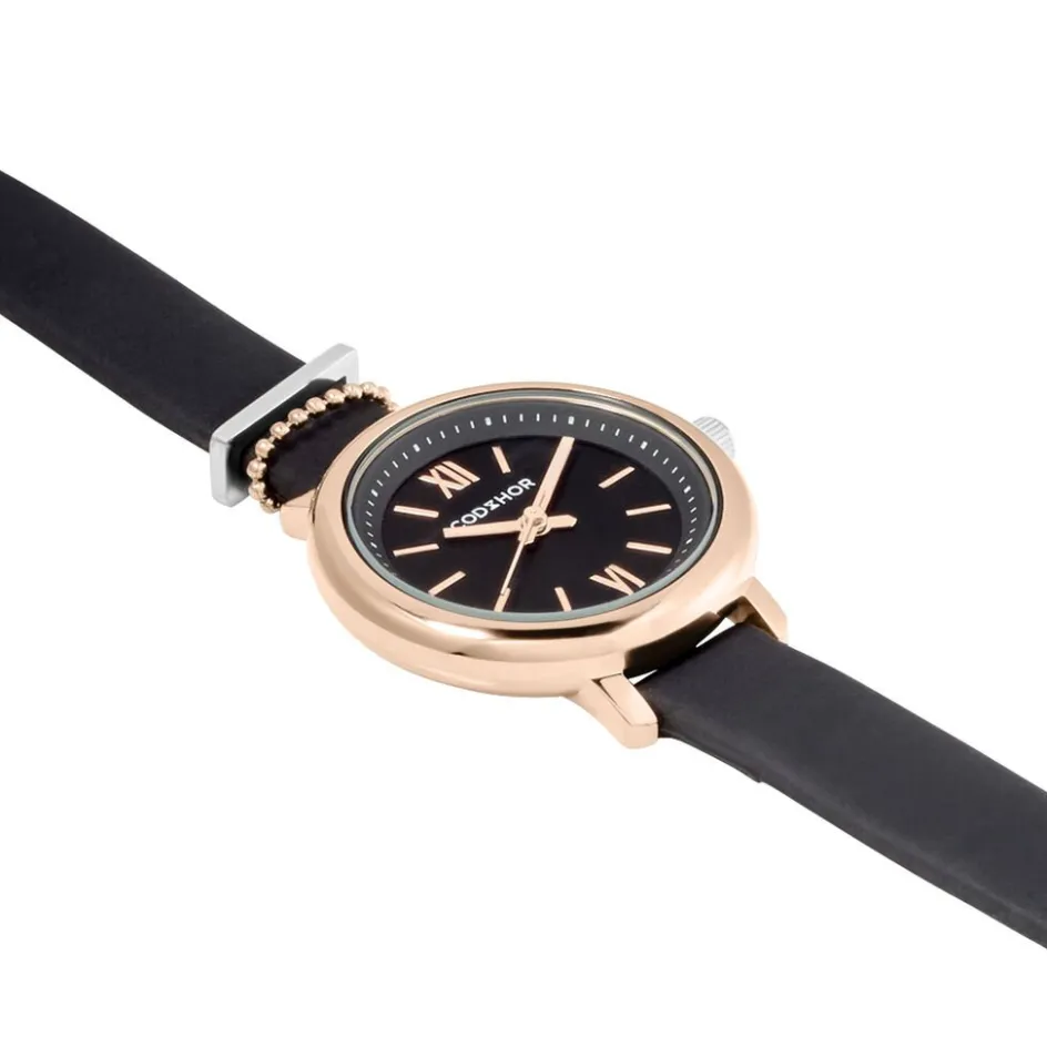 Best CODHOR Montre Nérine Noir cadran doré rose fond noir bracelet synthétique noir