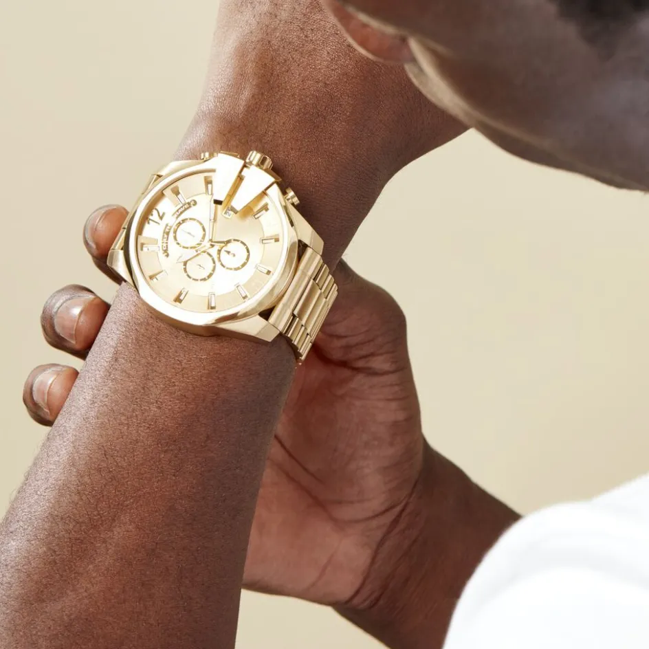Discount DIESEL Montre Mega Chief Champagne cadran doré fond doré bracelet acier doré