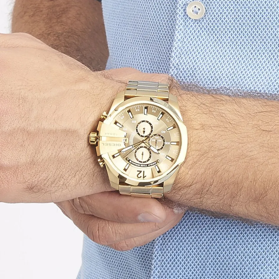 Discount DIESEL Montre Mega Chief Champagne cadran doré fond doré bracelet acier doré