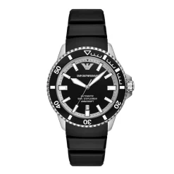 Best EMPORIO ARMANI Montre Noir cadran argenté fond noir bracelet silicone noir