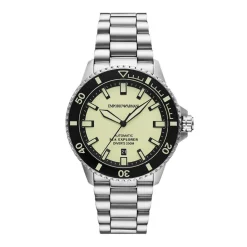 Hot EMPORIO ARMANI Montre Sea Explorer Jaune cadran argenté fond jaune bracelet acier argenté