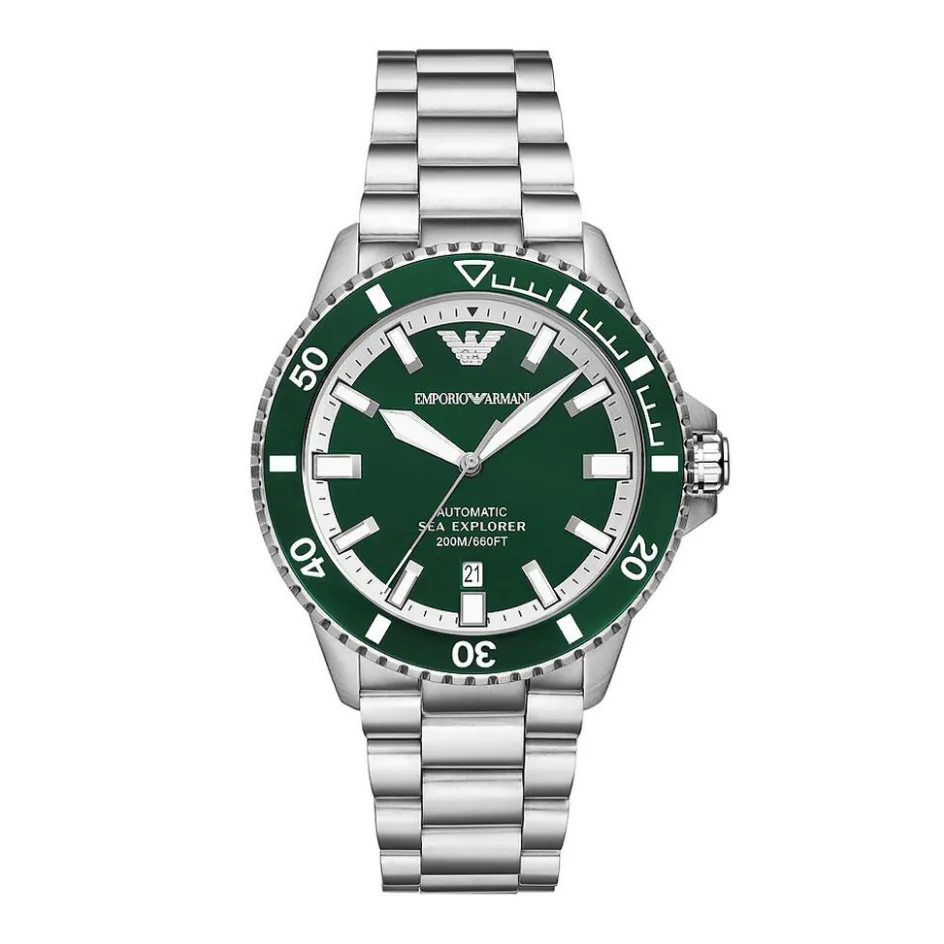 Best EMPORIO ARMANI Montre Vert cadran argenté fond vert bracelet acier argenté