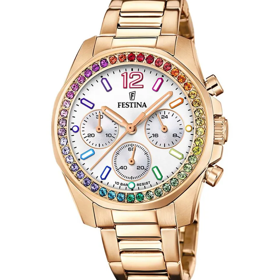 Hot FESTINA Montre Boyfriend Blanc cadran doré rose fond blanc bracelet acier doré rose