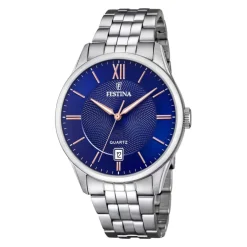 New FESTINA Montre Classics Bleu cadran argenté fond bleu bracelet acier argenté