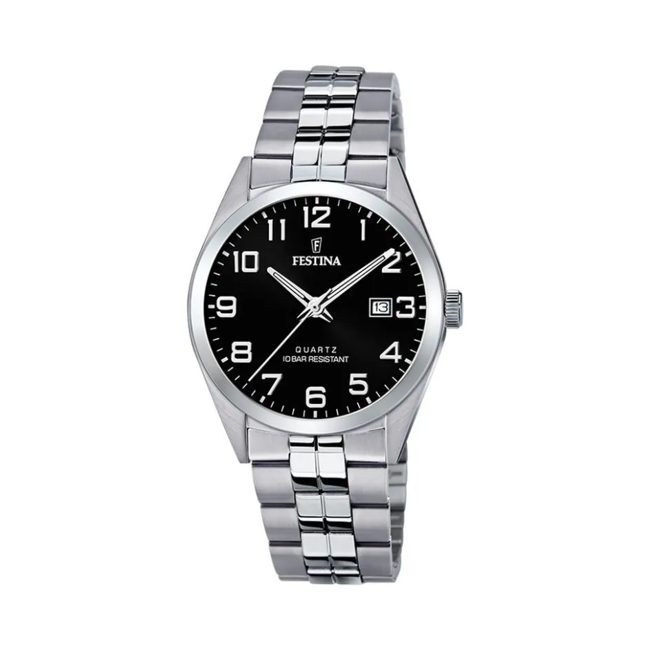 New FESTINA Montre Classics Noir cadran argenté fond noir bracelet acier argenté