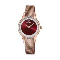 New FESTINA Montre Mademoiselle Rouge cadran doré rose fond rouge bracelet acier doré rose