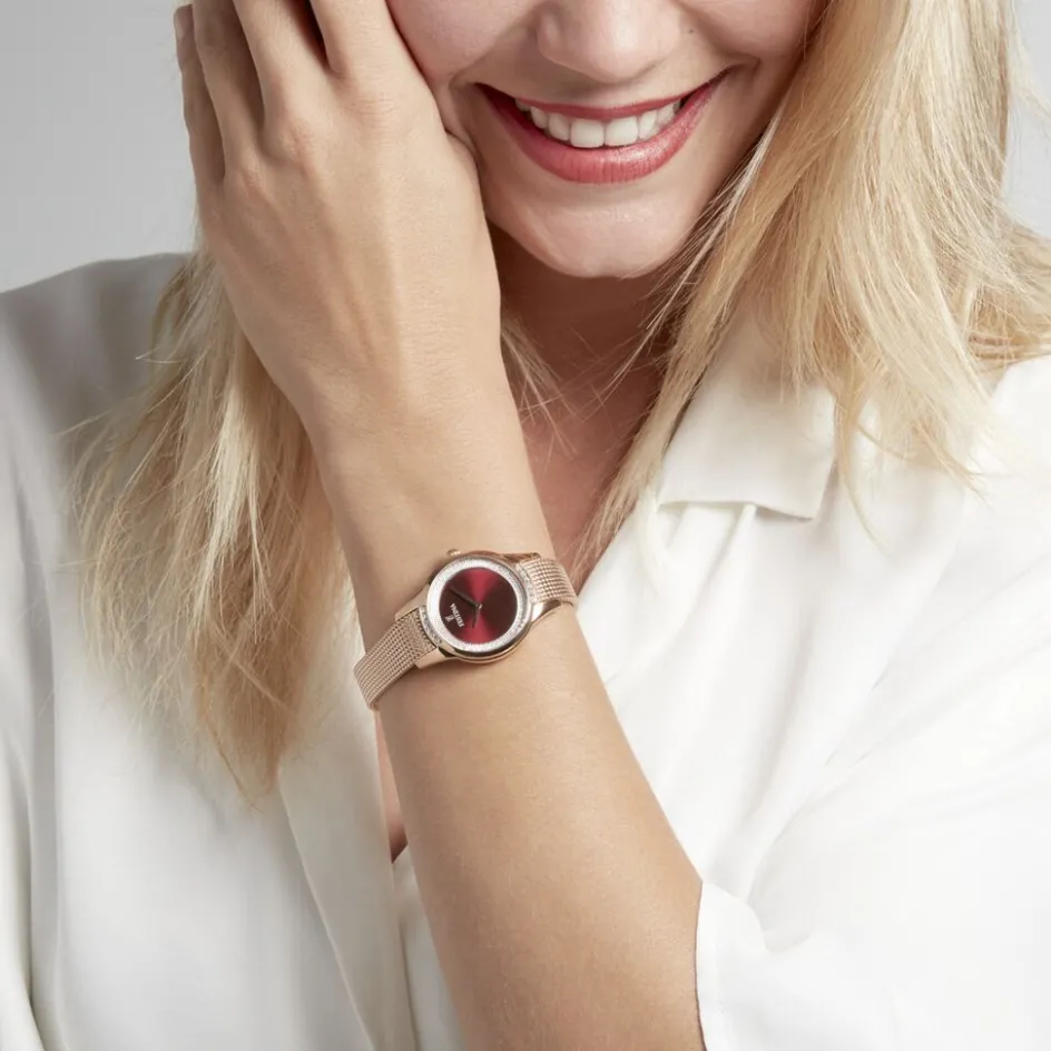 New FESTINA Montre Mademoiselle Rouge cadran doré rose fond rouge bracelet acier doré rose
