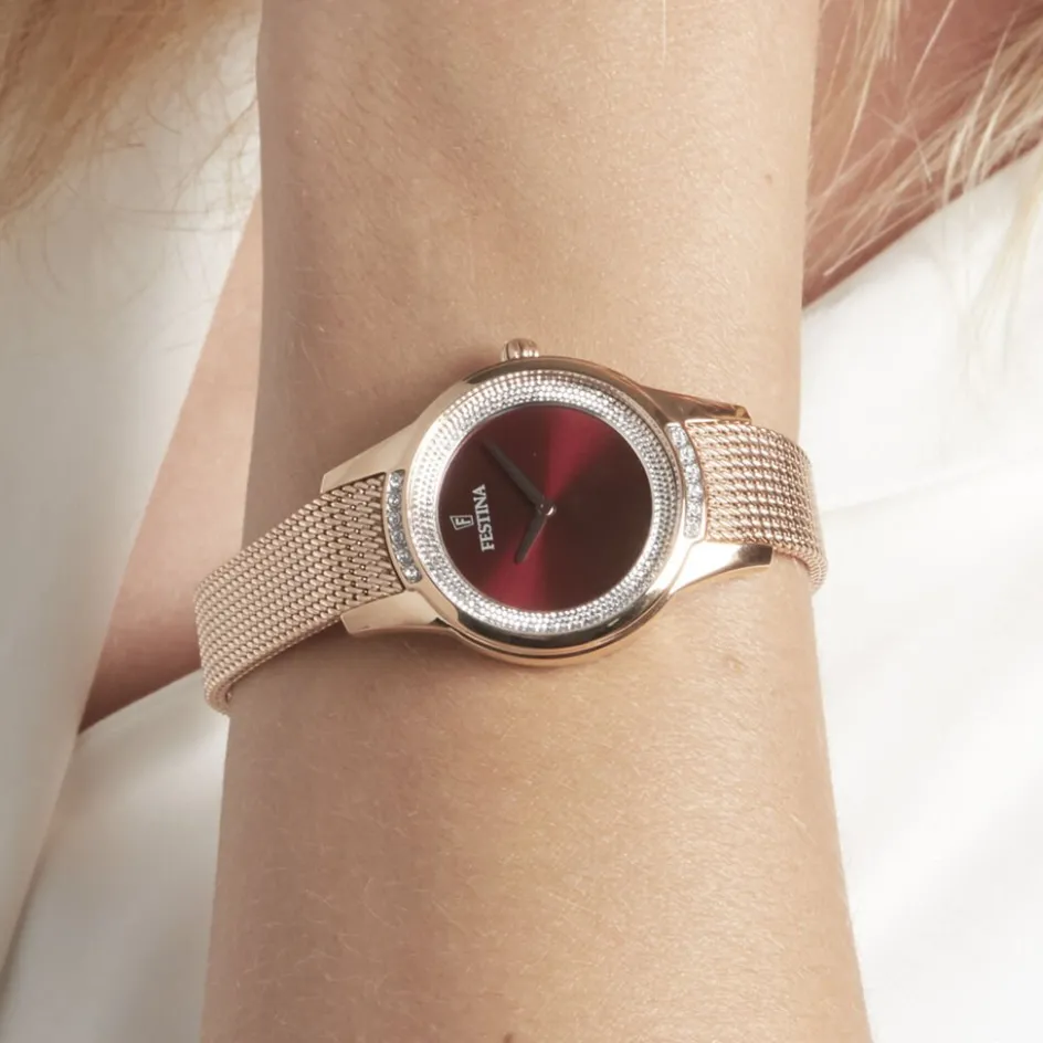 New FESTINA Montre Mademoiselle Rouge cadran doré rose fond rouge bracelet acier doré rose